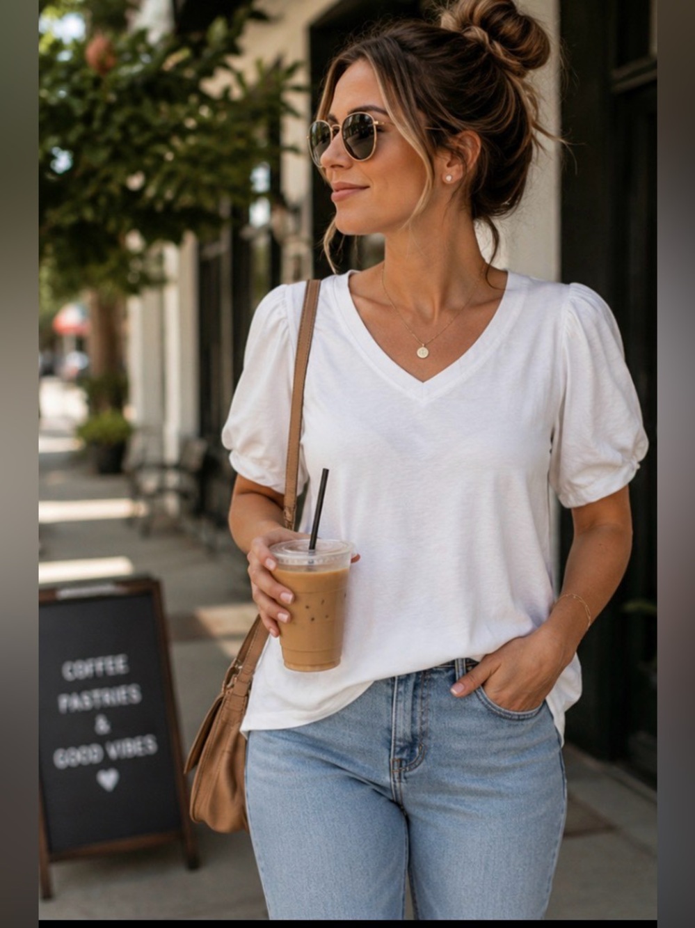 7 For All Mankind ✨ Puff Sleeve V-Neck Cotton Tee White Top L Boutique